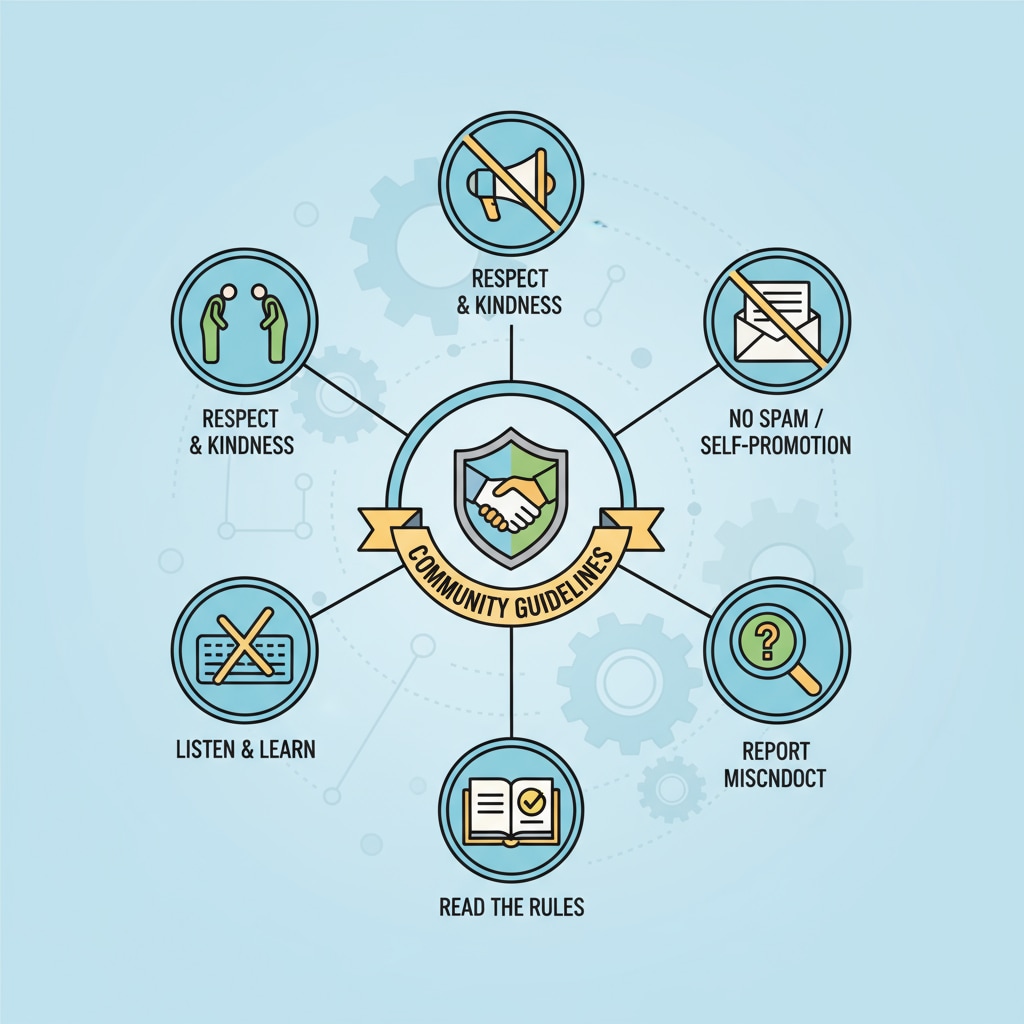 A graphic showing the importance of following community rules, with icons representing respect, no spam, etc. Graphic highlighting the importance of community rules in educational subreddits