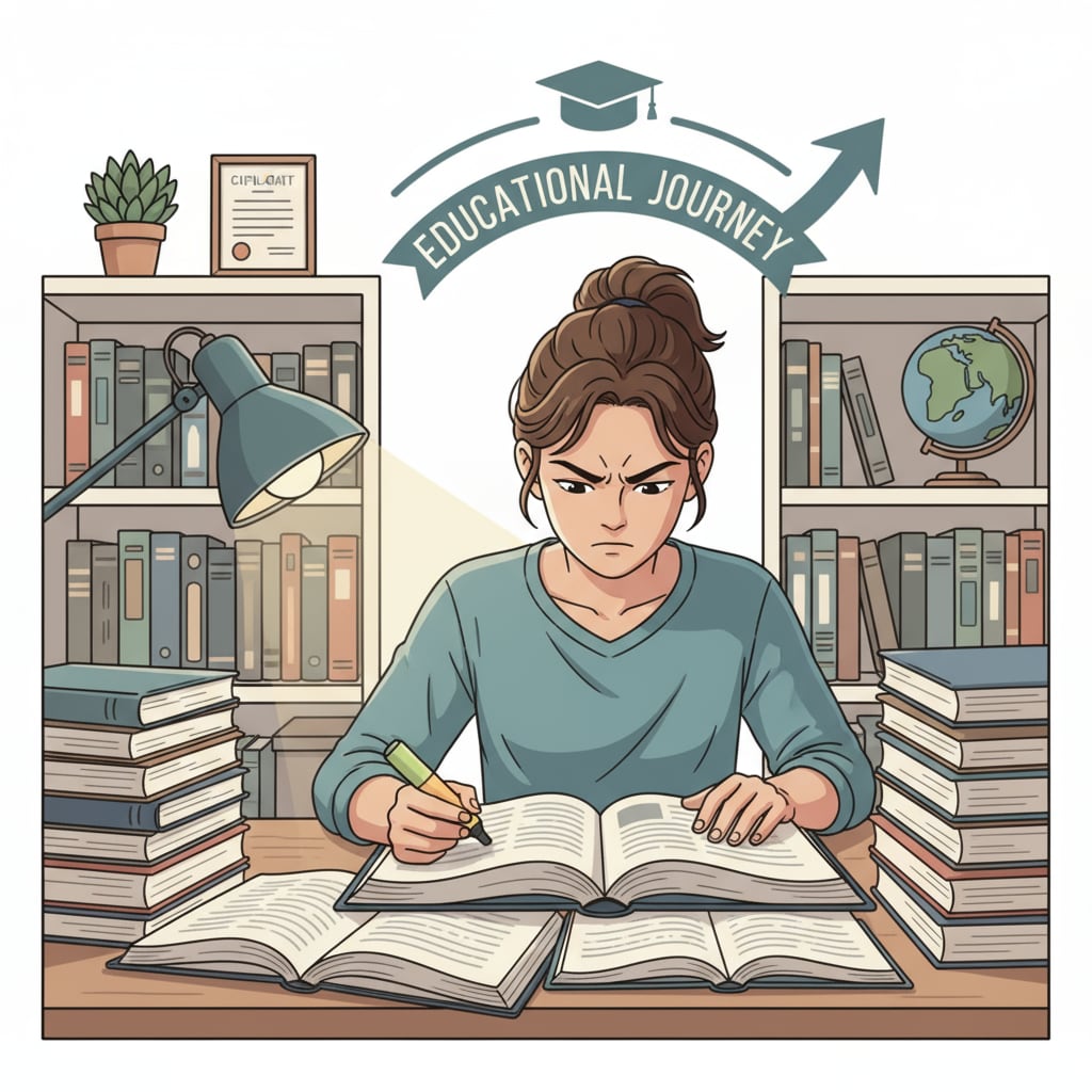 A young man sitting at a desk, looking at books with a determined expression, symbolizing his desire to return to education. A young man showing determination to pursue educational opportunities after facing academic interruptions, highlighting his intellectual potential and desire for redemption.