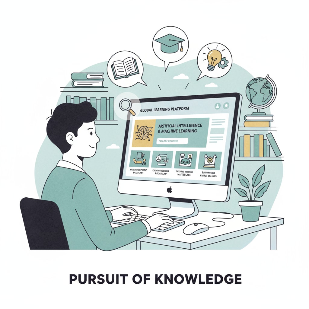 A person looking at a computer screen, exploring educational courses, representing the search for educational opportunities. An individual searching for educational opportunities to redeem themselves after experiencing academic interruptions, driven by their intellectual potential.