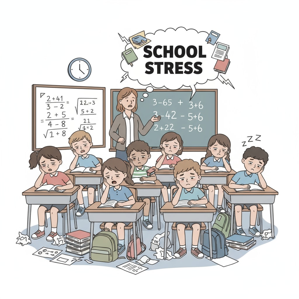 A group of K12 students looking tired in the classroom, indicating the impact of school stress on their appearance. Tired K12 students in classroom due to school stress affecting sleep and mental health