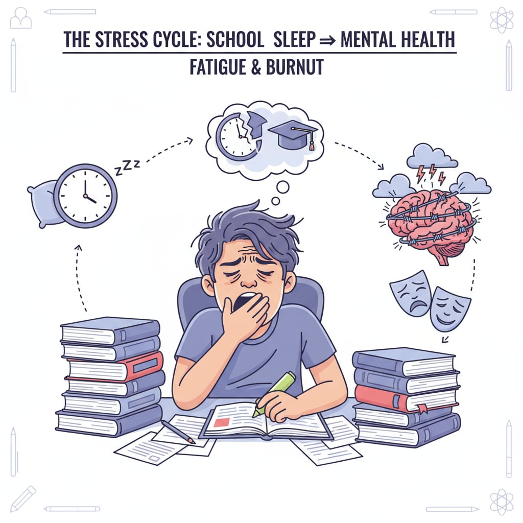 A student looking stressed and yawning while studying, highlighting the connection between schoolwork, lack of sleep, and mental health. Stressed student yawning while studying, showing the link between school stress, sleep, and mental health