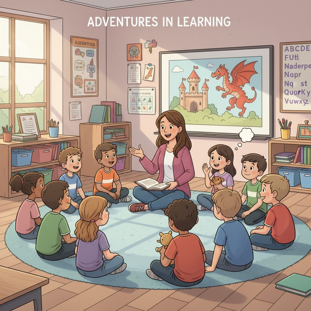 A teacher is telling a story to a group of enthusiastic K12 students sitting around in a classroom. The students are attentively listening, with some having excited expressions on their faces. A teacher using storytelling as an educational method in a K12 classroom to potentially bring about identity change