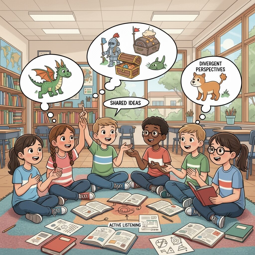 A group of K12 students are gathered in a circle, discussing a story they just heard. They are sharing their different perspectives and ideas, with animated gestures. K12 students engaged in a discussion about a story, which is related to educational methods and identity change