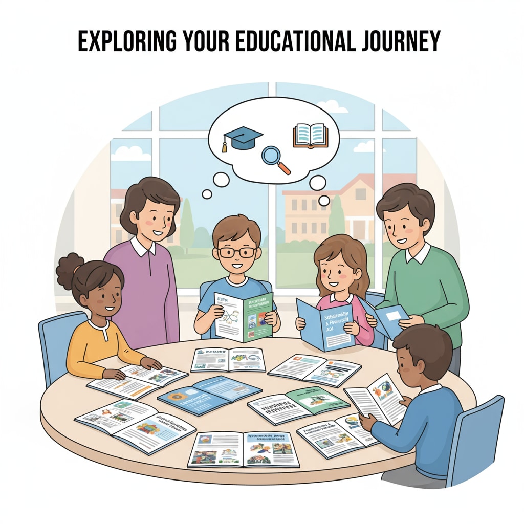 A group of students looking at different educational brochures, representing the concept of school choice where students and parents have multiple options to consider for education. Students exploring school choices in the context of education vouchers, school choice, and education marketization