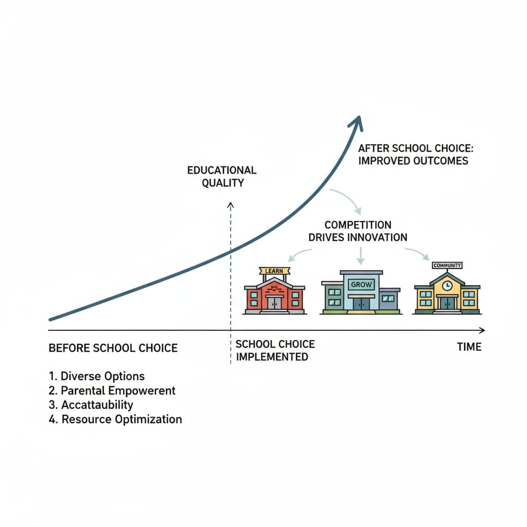 A graph showing the improvement in educational quality over time after the implementation of school choice, indicating how competition among schools can lead to better educational outcomes. Graph depicting the positive impact of school choice on educational quality within the framework of education vouchers, school choice, and education marketization