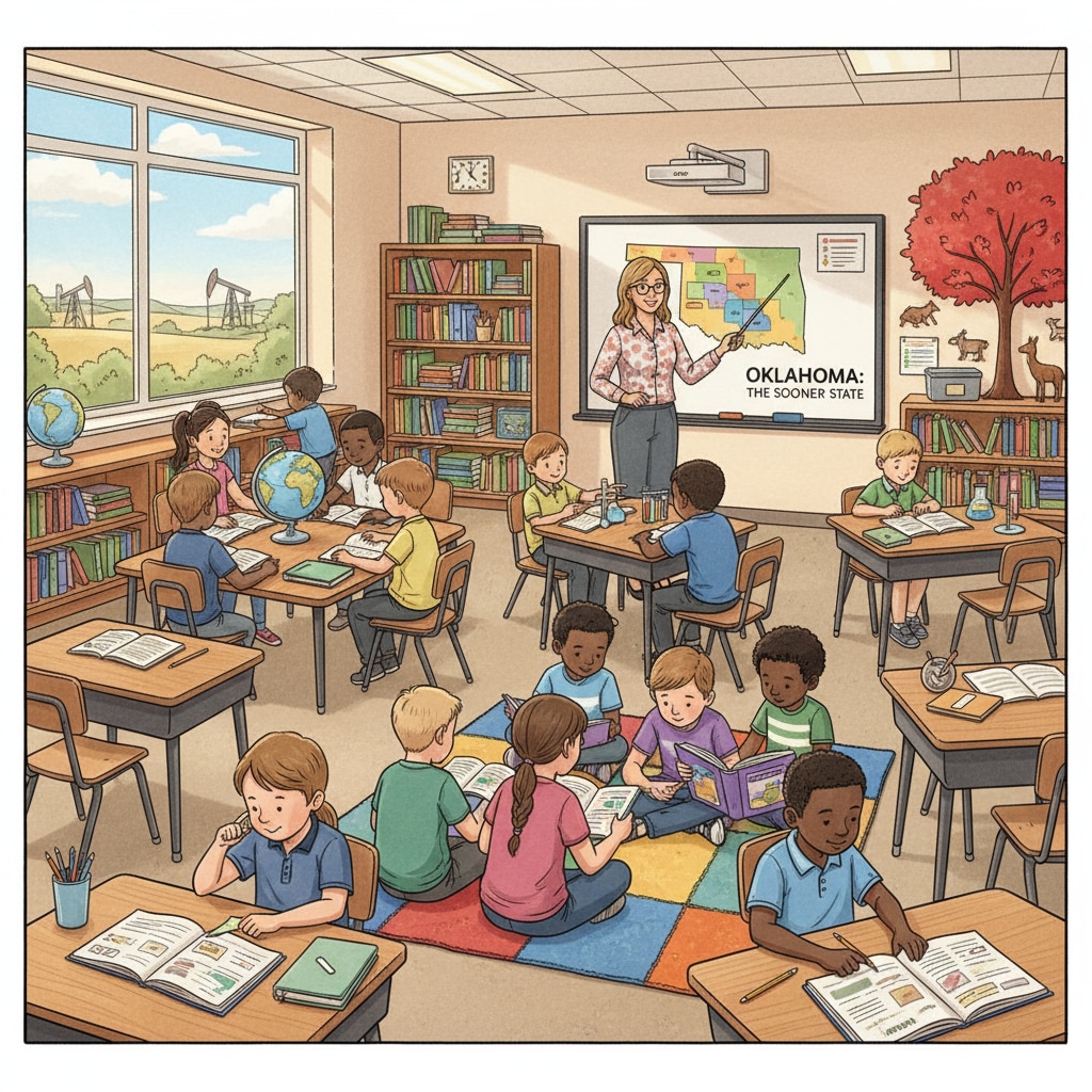 Students in a classroom in Oklahoma are actively participating in learning activities, with a teacher guiding them. Classroom scene in Oklahoma related to Oklahoma education, Arkansas education, and education evaluation