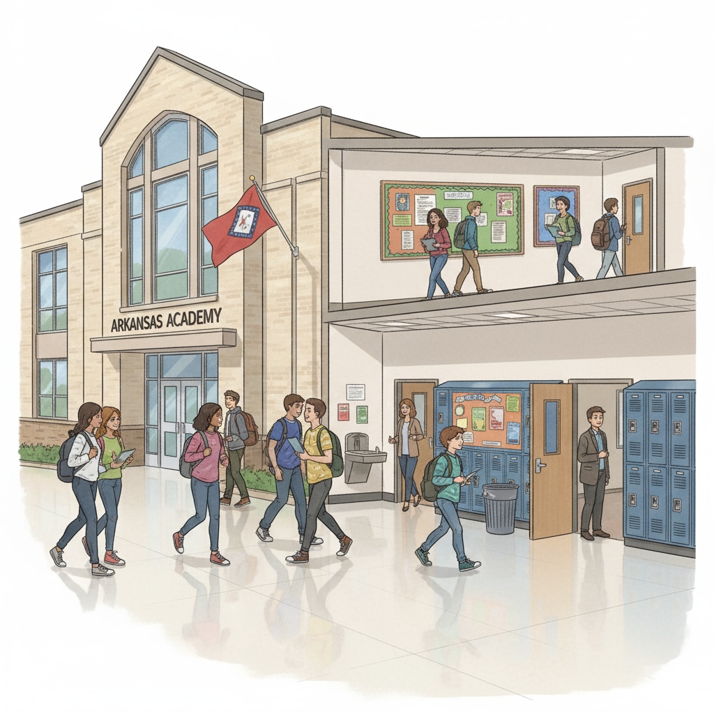 A school building in Arkansas with students walking in the hallway, showing the daily school environment. School building in Arkansas relevant to Oklahoma education, Arkansas education, and education evaluation
