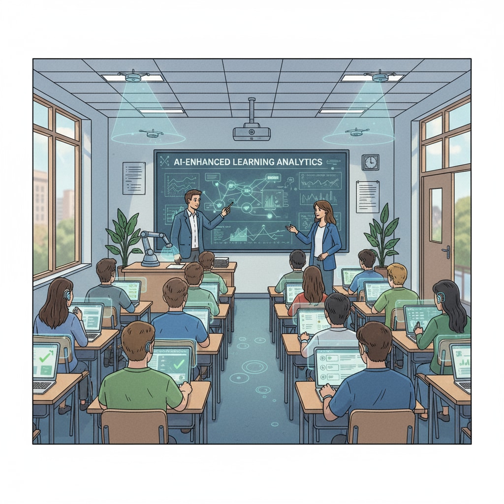 An illustration depicts a university classroom where teachers are using AI - powered teaching tools like smart boards and automated grading systems to engage students. Artificial intelligence in higher education classroom
