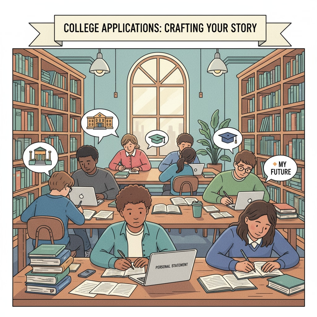 Students are sitting at tables in a library, concentrating on writing their personal statements for college applications. Students working on college application personal statements