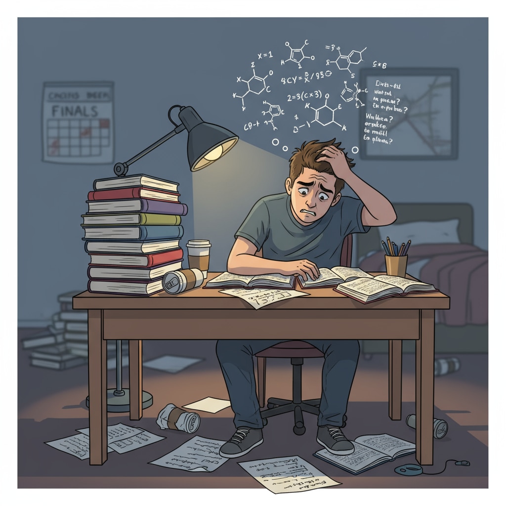 A student is sitting at a desk, looking stressed while studying. The books and papers are scattered around, showing the pressure of high school academics. A stressed high school student studying, related to high school dropouts, GED certificates, mental health, and modeling careers