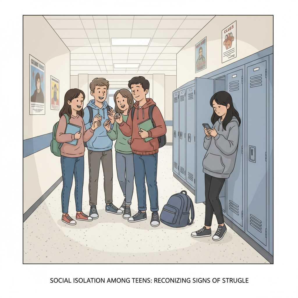 A group of high school students are talking in a hallway. One student is standing a bit apart, looking isolated, which may indicate potential mental health issues. High school students in a hallway with one isolated, relevant to high school dropouts, GED certificates, mental health, and modeling careers