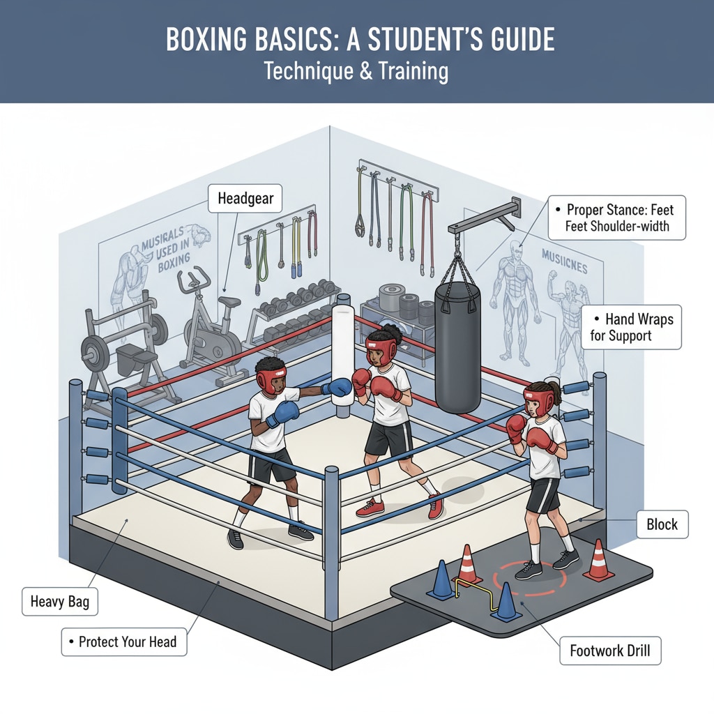 A group of young students are engaged in boxing practice in a modern and well-equipped gym. They are wearing proper boxing gear and seem focused. High school students practicing boxing as an extracurricular activity for college applications