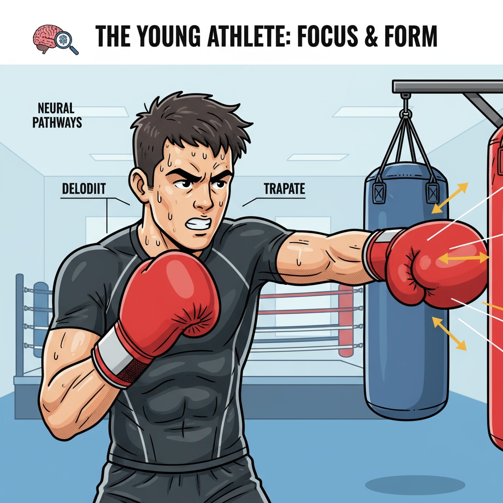 A young boxer is wearing gloves and a mouthguard, with a determined look on his face, concentrating on his training. A boxer focusing on training, relevant to college applications through extracurricular boxing