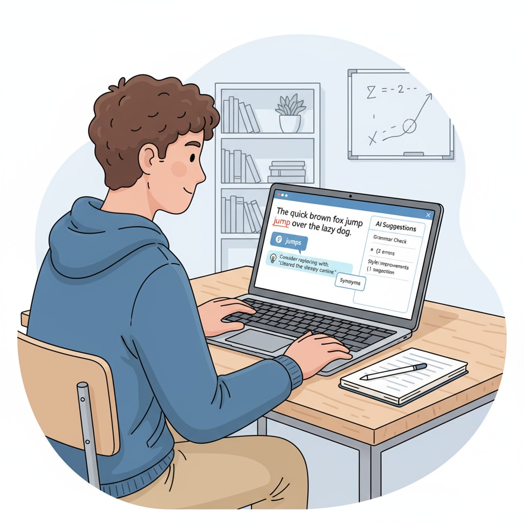A student is sitting at a desk, using a laptop. The screen shows an AI writing assistance tool interface with grammar error markings and word suggestion boxes. A student using an AI writing assistance tool for learning assistance in education