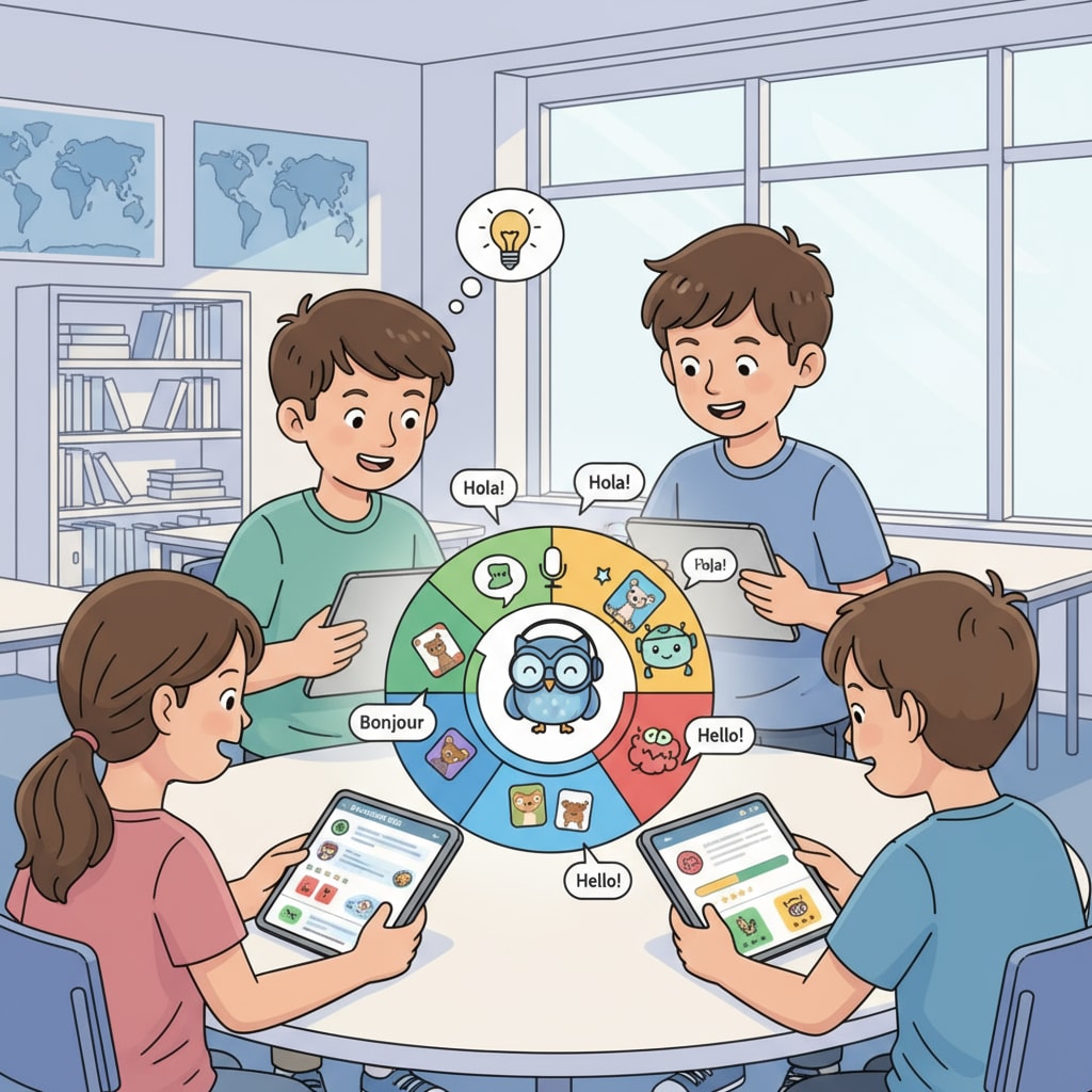 A group of students are gathered around tablets, looking at the screens which display an AI - powered multimedia language learning app with colorful graphics and interactive elements. Students using an AI - powered multimedia learning app for educational application and learning assistance