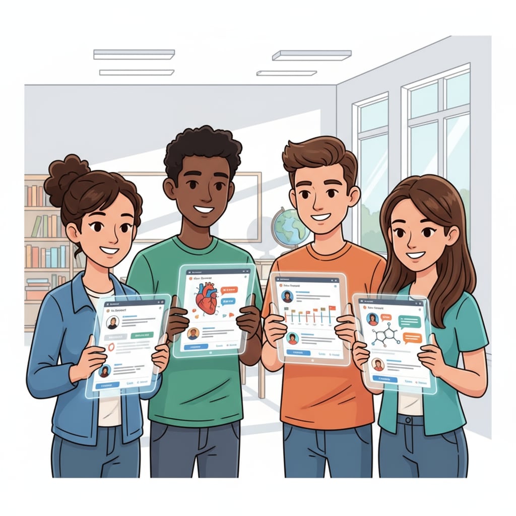 A group of students are smiling while using tablets. The tablets show apps with a social media-like interface for learning, indicating the use of uncensored learning social media platforms. Students using uncensored learning social media platforms on tablets