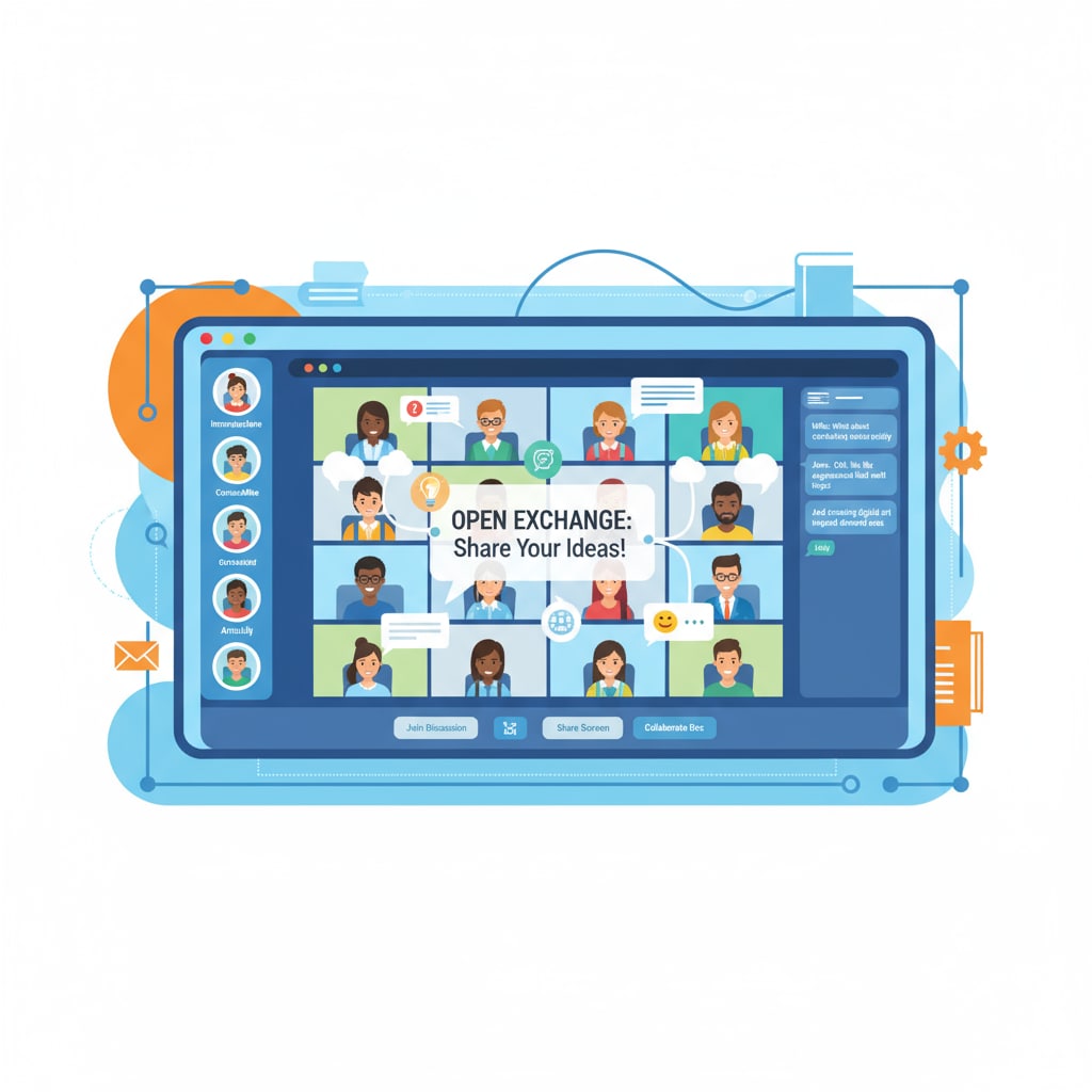 A virtual classroom on a learning social media platform is depicted. Students are chatting, sharing ideas, and collaborating, highlighting the open exchange feature of these platforms. Virtual classroom on an uncensored learning social media platform