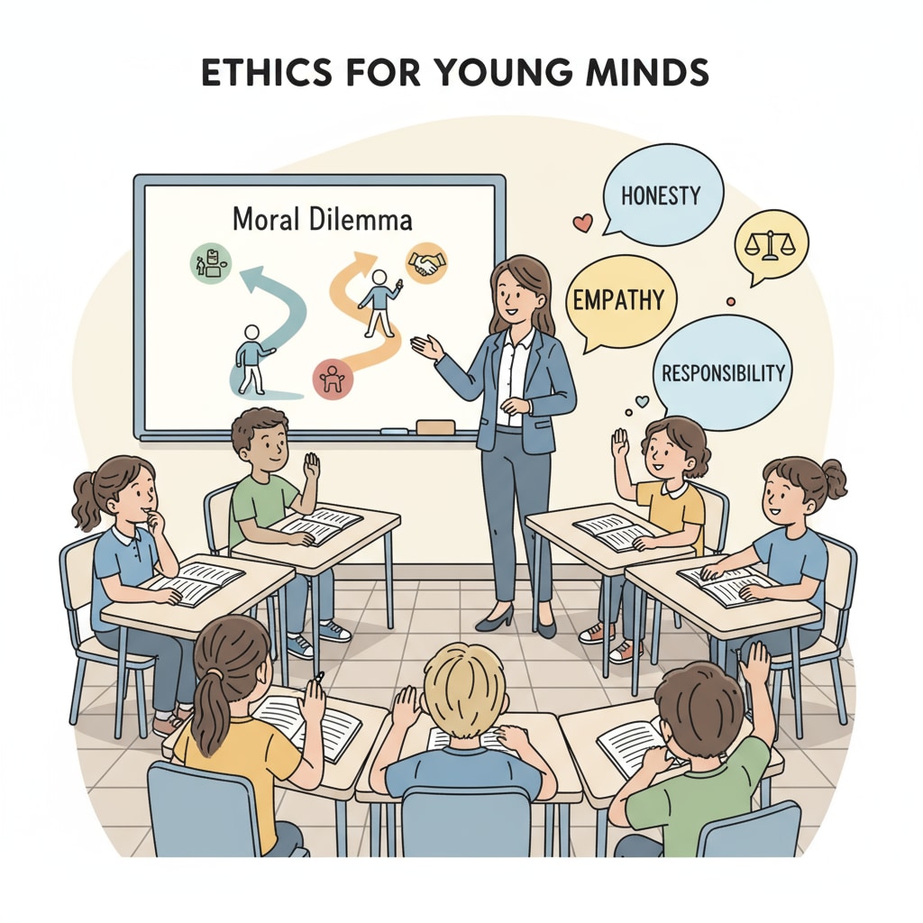 A group of K12 students listening attentively in a classroom during an ethics lesson. The teacher is standing in front, presenting moral and ethical concepts. K12 students learning moral and ethical education in a classroom