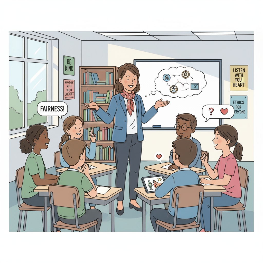 A teacher interacting with students, discussing moral values. The students are engaged in a lively conversation, sharing their thoughts and opinions. Teacher and students discussing moral values in a classroom
