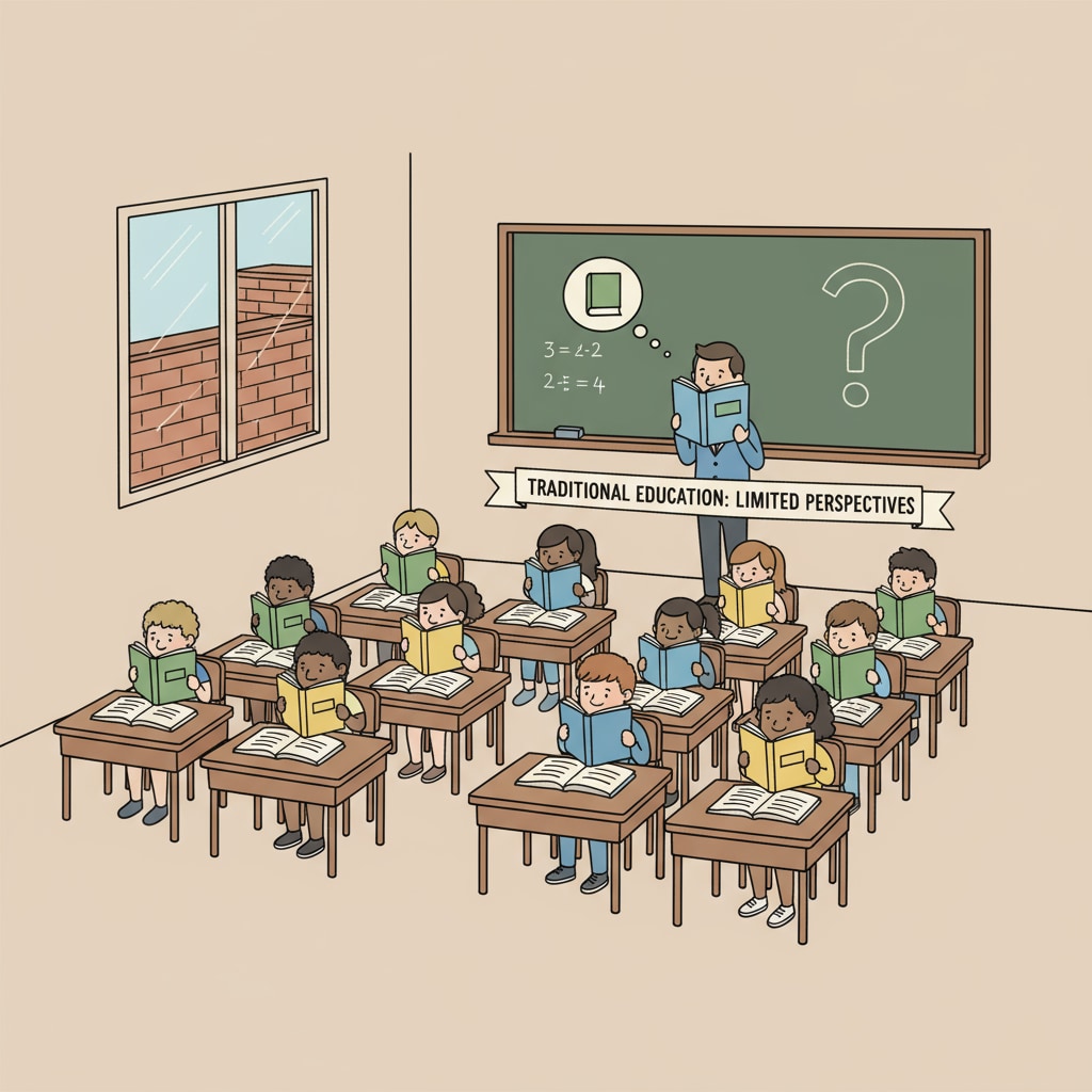 A classroom scene where students are only focused on textbooks, showing the limitation of traditional education A picture depicting the limitation of traditional education in preparing students for real-life challenges