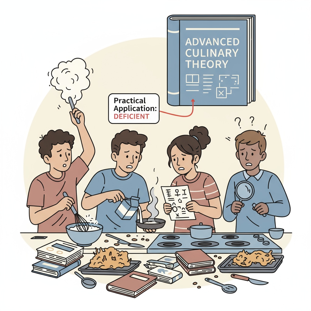 A group of students looking confused while trying to cook, highlighting the lack of practical skills education A photo showing students' lack of practical skills due to insufficient education