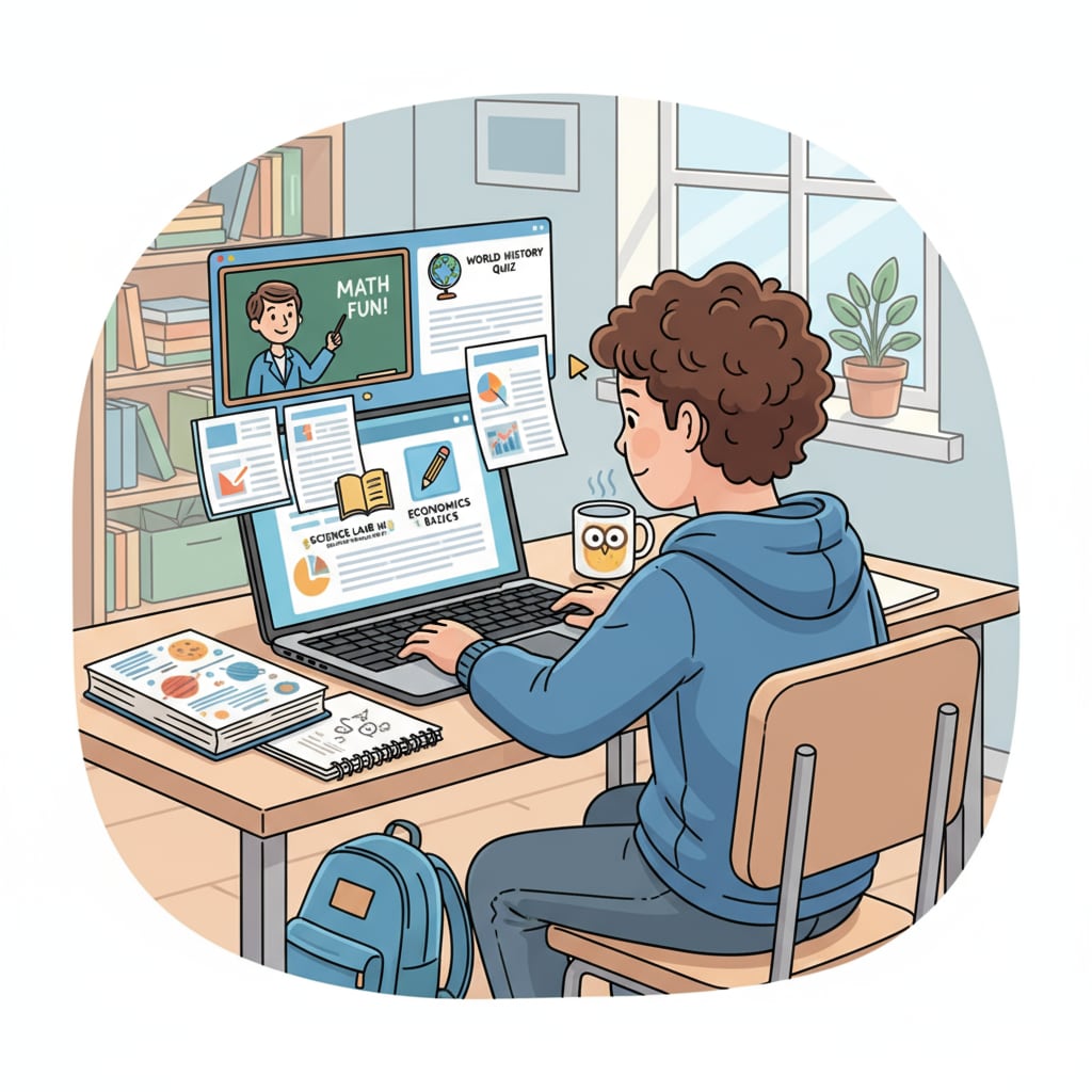 A student sitting at a desk, looking at a laptop screen with various educational apps and documents open, representing the online learning environment A student engaged in online K12 learning, facing self-discipline challenges and social isolation