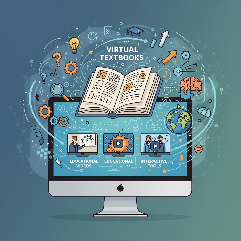 A collection of virtual textbooks, educational videos, and interactive learning tools on a computer screen, symbolizing the丰富的在线教育资源 Abundant online educational resources available in online K12 degrees, despite self-discipline challenges and social isolation