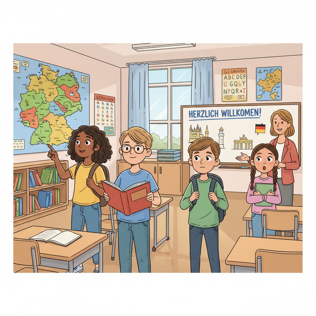 A group of foreign students in a German K12 classroom, looking both excited and a bit nervous Foreign students in a German K12 classroom facing language and adaptation challenges