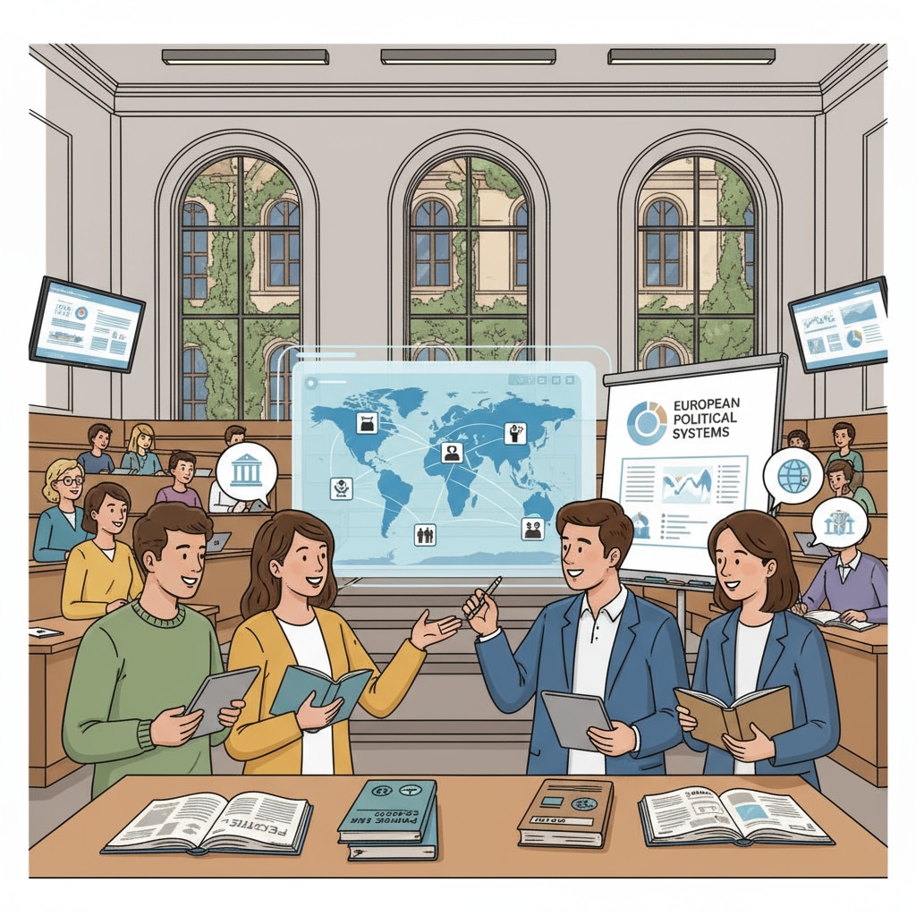 A group of students are engaged in a lively discussion about political issues in a well-equipped lecture hall at a European university. Students discussing political science at a European university