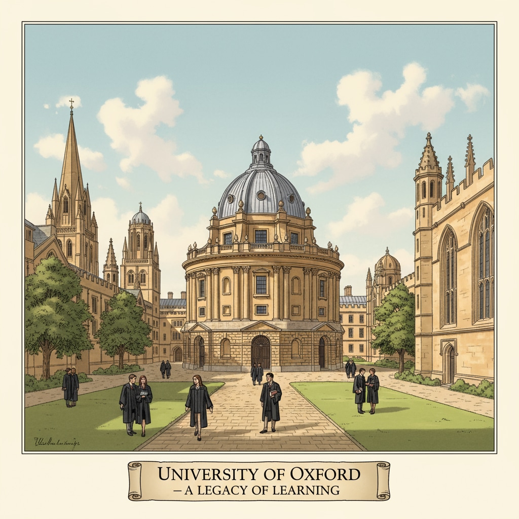 The magnificent exterior of the historic buildings of the University of Oxford, showing its grandeur and academic atmosphere. Exterior of the University of Oxford related to political science studies