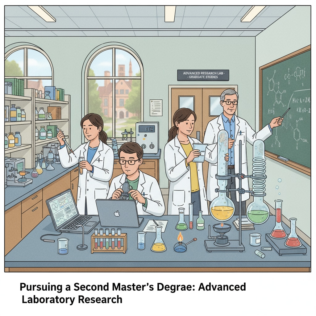 A scene of students conducting experiments in a laboratory, representing the educational environment of obtaining a second master's degree. Laboratory scene for geophysics professionals pursuing a second master's degree to address employment dilemmas