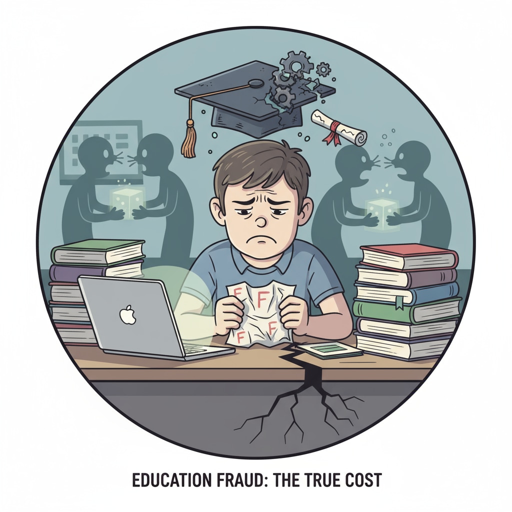A student looking worried at a desk, representing the negative impact of education fraud on students. A worried student affected by Schiller International University's education fraud