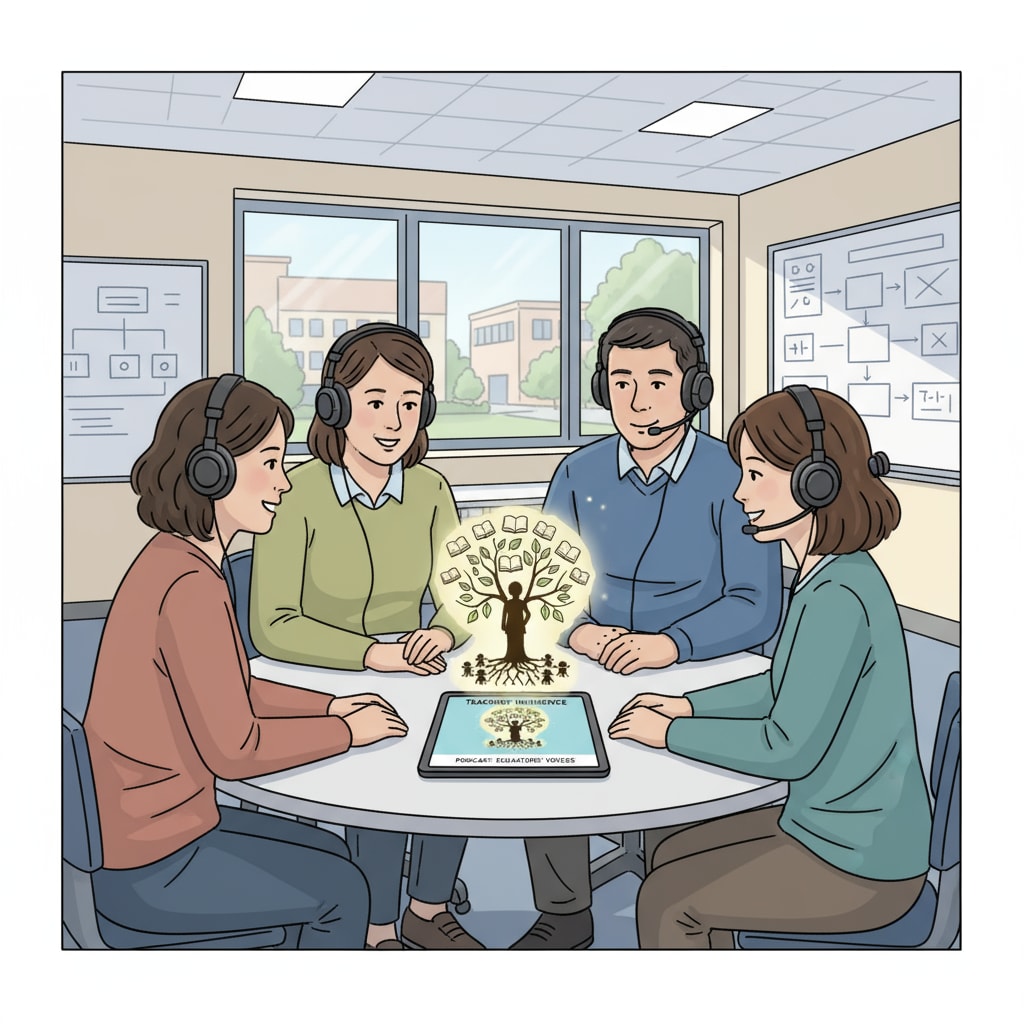 A group of people are sitting around, wearing headphones, and listening intently to a podcast on a device. The screen of the device shows an image related to teachers' influence. People listening to a podcast about the influence of teachers