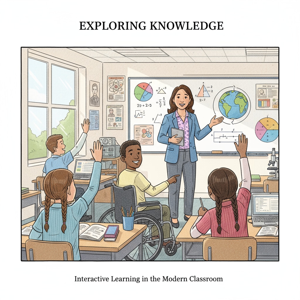 A teacher is standing in front of a classroom, smiling widely, and interacting with students. The students are actively participating and seem engaged. A teacher having a positive interaction with students, demonstrating the influence in a classroom setting