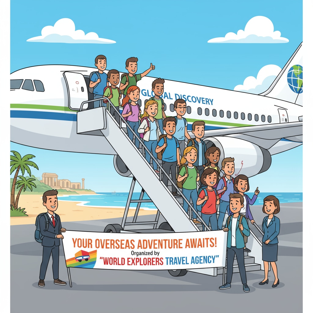 A group of students are boarding a plane with excited expressions, ready to start their overseas travel adventure organized by a travel agency. Students boarding a plane for overseas travel organized by a travel agency