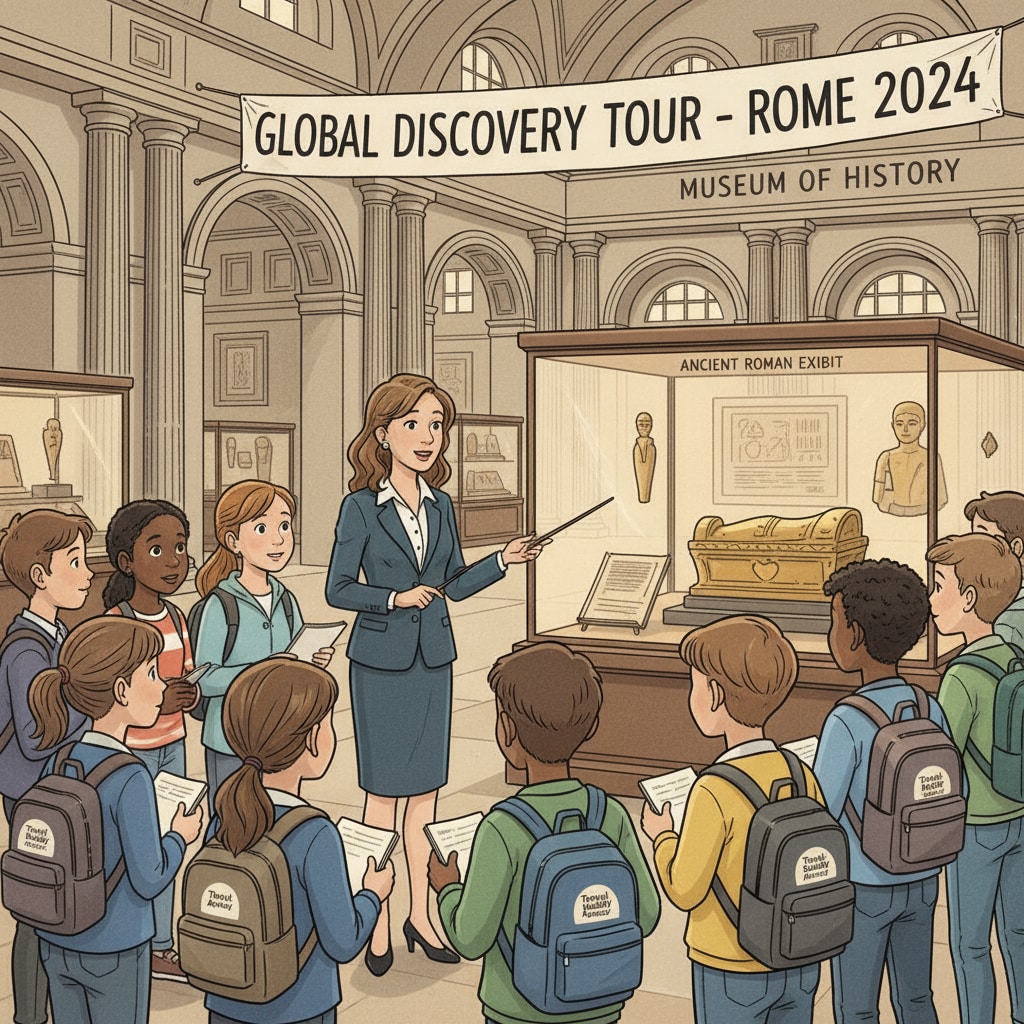 Students are attentively listening to a guide during a visit to a historical museum as part of an overseas trip arranged by a travel agency. Students visiting a historical museum during an overseas trip organized by a travel agency