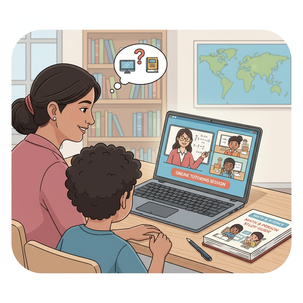 A parent and child are looking at a laptop screen with an online tutoring session on it, while there is also a textbook for in-person study nearby. This represents the decision-making process of parents regarding online and in-person tutoring. A parent and child considering online and in-person tutoring options