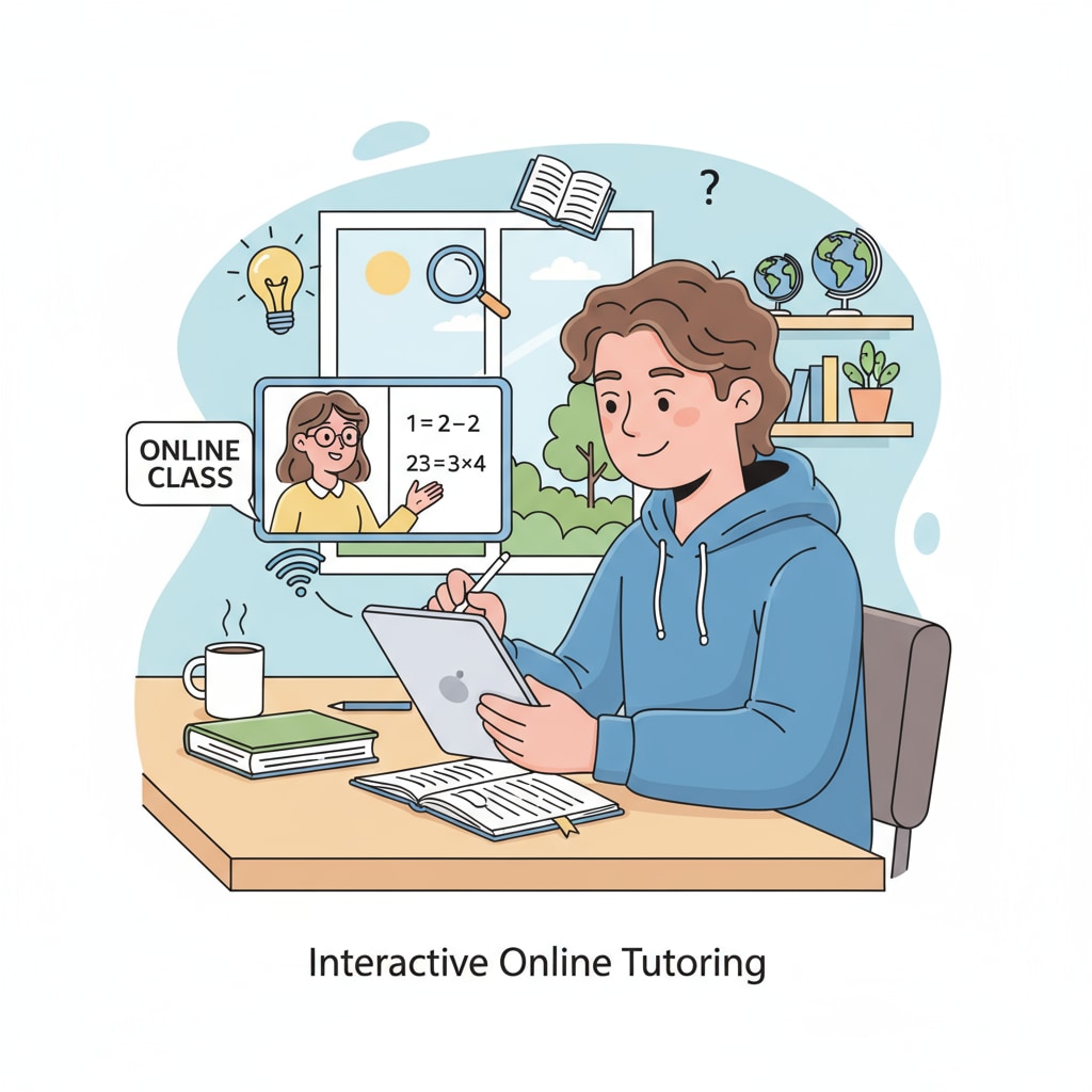 A student is attentively using a tablet to participate in an online tutoring class, with the tutor clearly visible on the screen. This shows the reality of online tutoring. A student attending an online tutoring class