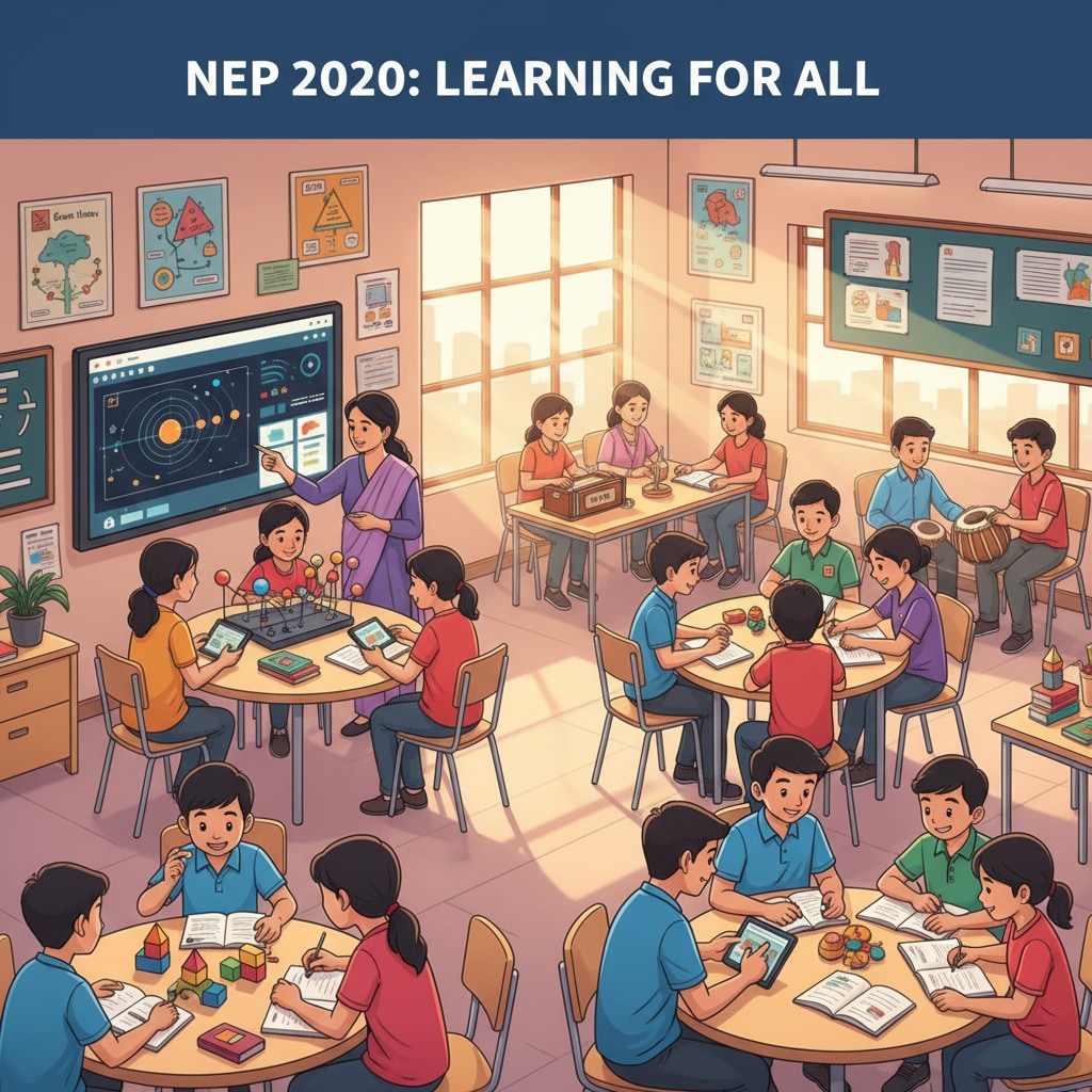 Students in an Indian classroom, participating in various learning activities as per the New Education Policy's guidelines. Indian students engaged in learning under NEP implementation
