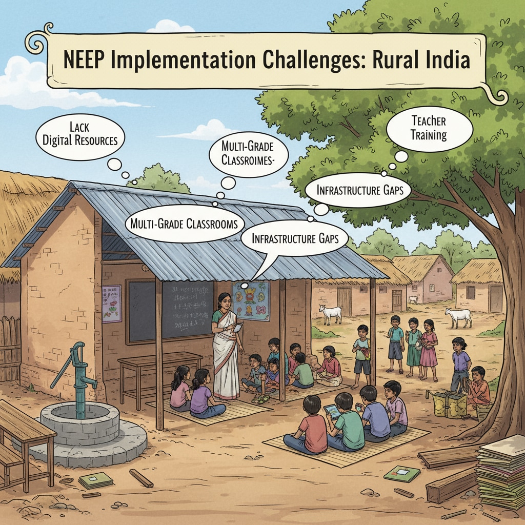 A rural Indian school with basic infrastructure, highlighting the challenges faced during NEP implementation. Rural Indian school infrastructure during NEP implementation