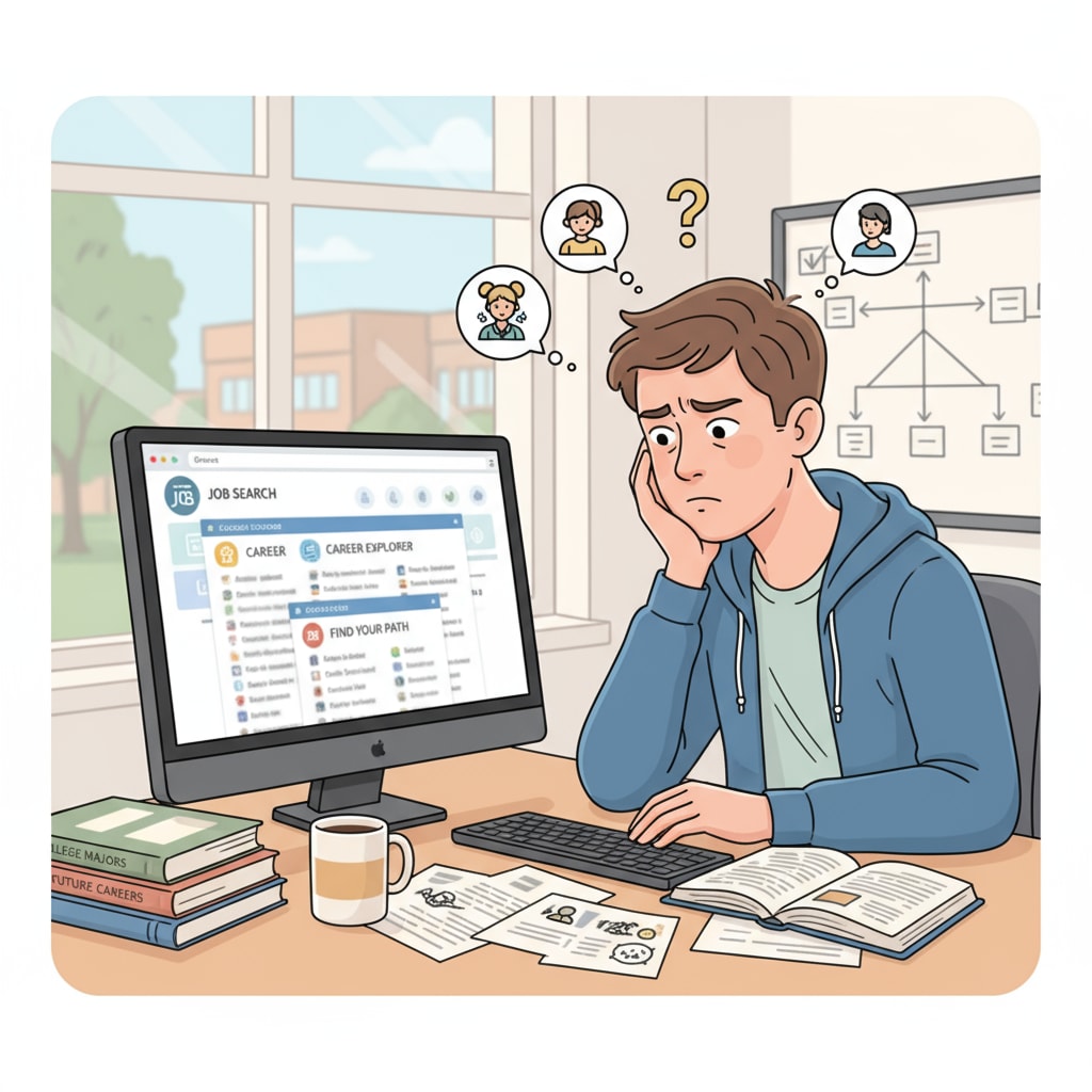A young person confused while searching for career options related to career guidance, physiotherapy degree, and content creation