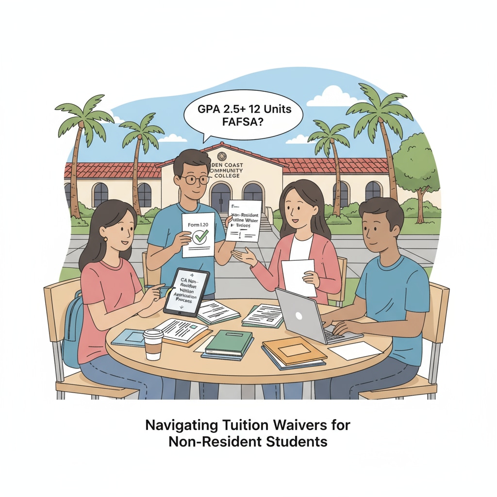 Non-resident students in California community college discussing tuition waivers related to AB-540 form and resident status