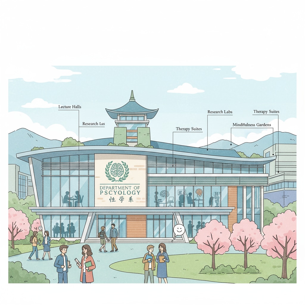 A modern campus building in an Asian university, symbolizing the academic institutions where transgender teens may pursue psychology studies. Campus building for transgender teens studying psychology in Asia