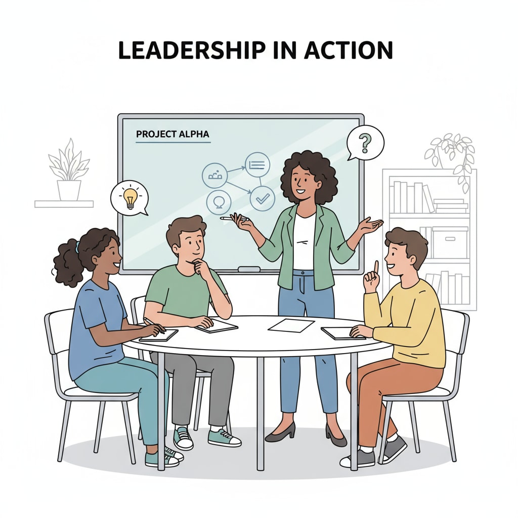 A student is leading a group discussion, communicating clearly and listening attentively to others, demonstrating good leadership skills. Student leading a group discussion in the context of General Motors, IQ research, and leadership