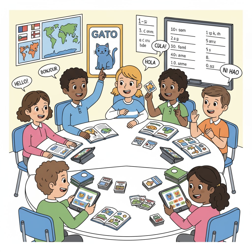 A group of K12 students are actively involved in a language learning activity. There are various language learning materials such as textbooks, flashcards, and language learning apps on their desks, showing their enthusiasm for language acquisition. K12 students engaged in language learning for knowledge exploration and cultural understanding