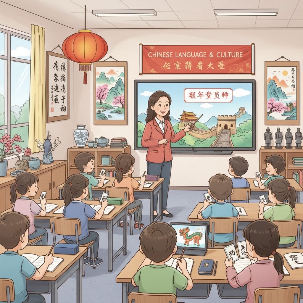 In a classroom, students are engrossed in learning about Chinese culture through language. The walls are adorned with beautiful Chinese calligraphy works and traditional Chinese paintings, creating an immersive cultural learning environment. Students learning Chinese culture as a part of language learning for cultural exploration