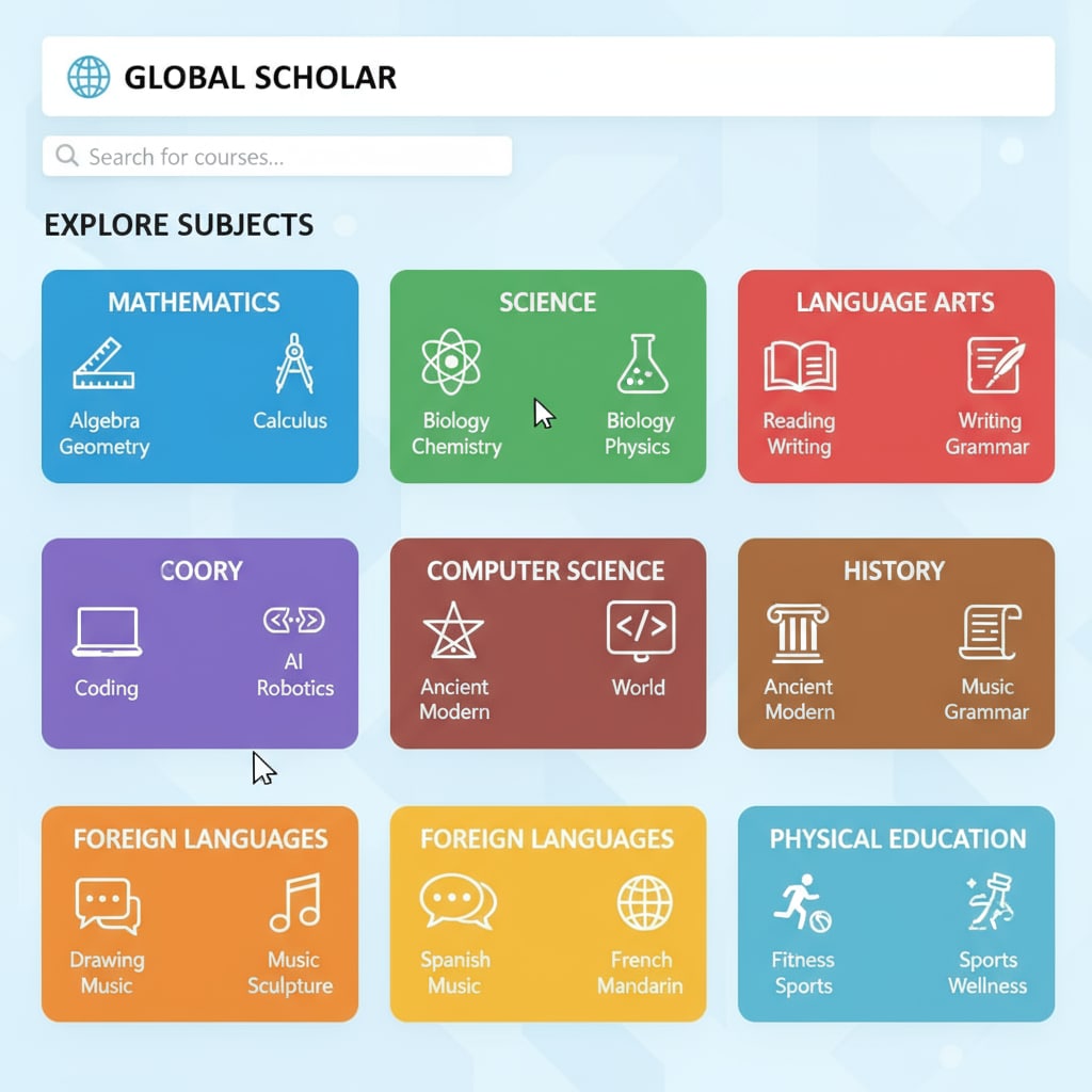 A screenshot of the learning platform's main interface showing various subject categories such as math, science, language arts, etc. Screenshot of the free K12 learning platform with DM showing subject categories