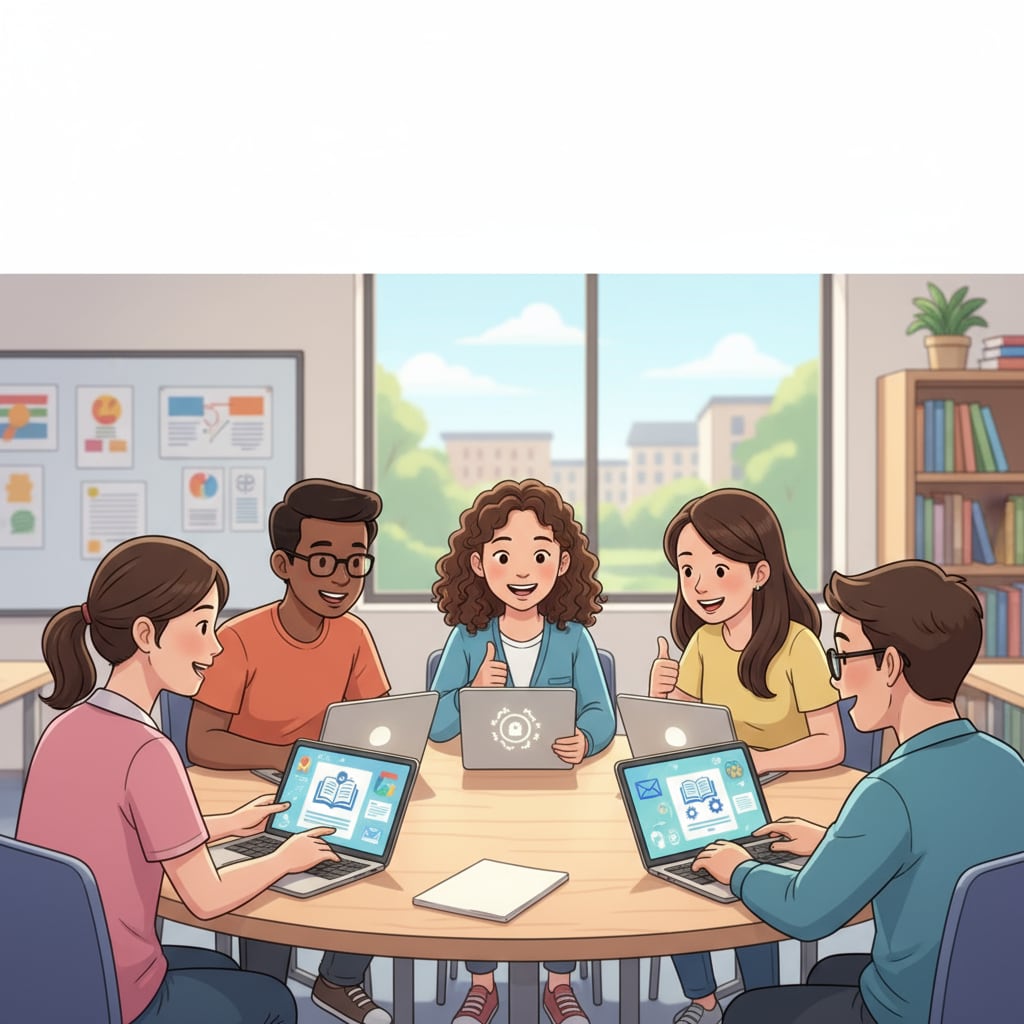A group of students from different ethnicities and genders smiling and interacting while using tablets or laptops to access the learning platform. Students from diverse backgrounds using the free K12 learning platform with DM