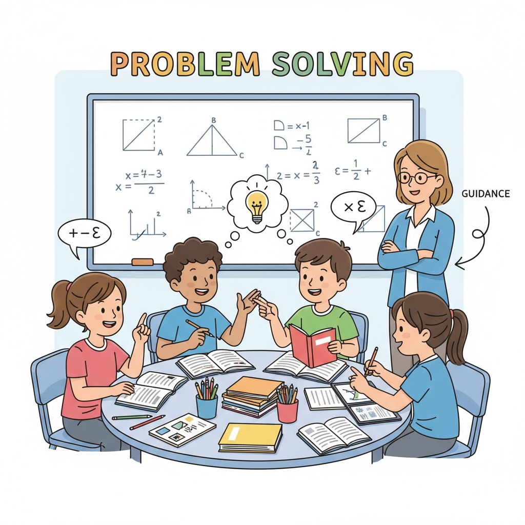 A group of students are engaged in a lively discussion about math problems in a classroom setting. The teacher is standing nearby, observing and ready to offer guidance. Students discussing math problems in a classroom related to engineering degrees, math education, and career transitions