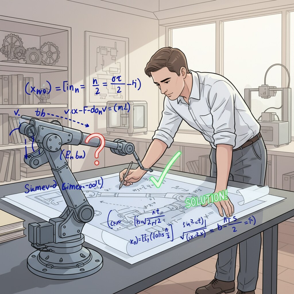 An engineer is shown in a design studio, using math formulas on a drafting table to solve a complex engineering problem. Engineer using math formulas in a design project relevant to engineering degrees, math education, and career transitions
